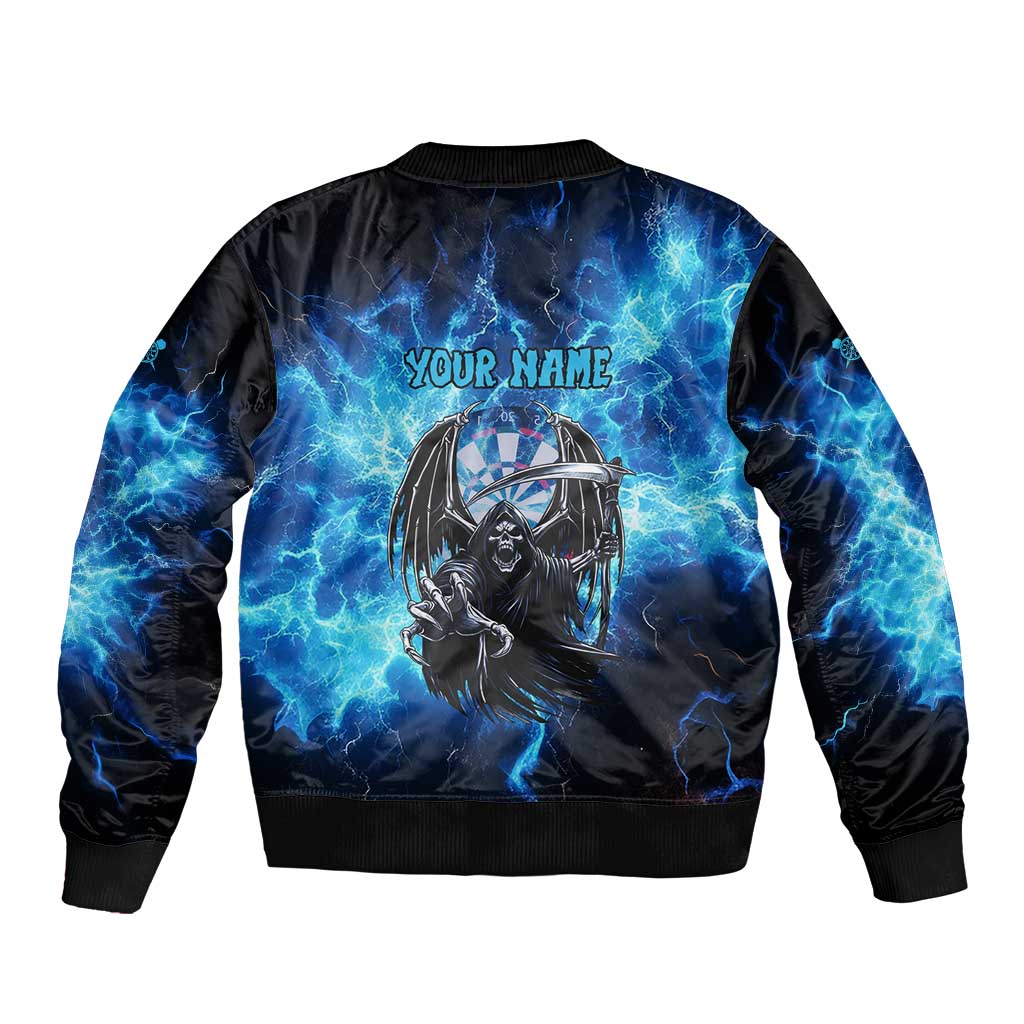 Custom Grim Reaper Bowling Bomber Jacket with Blue Lightning Background - Wonder Print Shop