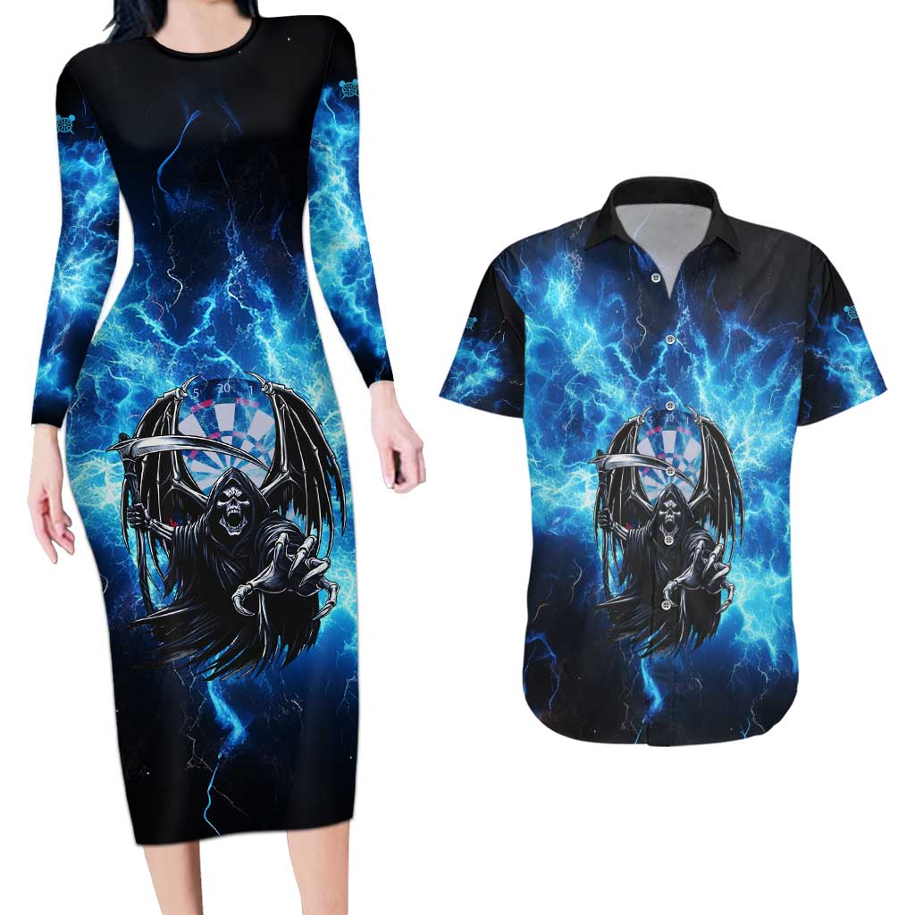 Custom Grim Reaper Bowling Couples Matching Long Sleeve Bodycon Dress and Hawaiian Shirt with Blue Lightning Background - Wonder Print Shop