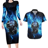 Custom Grim Reaper Bowling Couples Matching Long Sleeve Bodycon Dress and Hawaiian Shirt with Blue Lightning Background - Wonder Print Shop