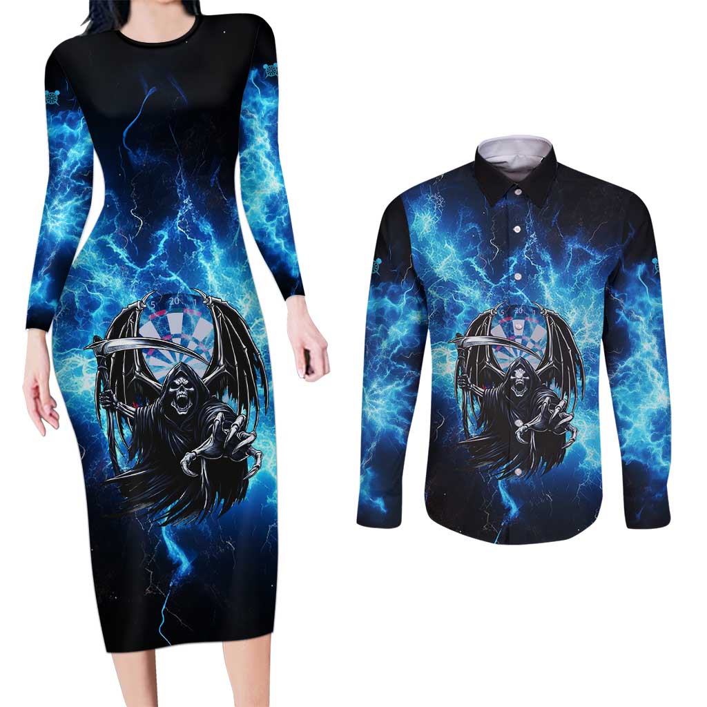 Custom Grim Reaper Bowling Couples Matching Long Sleeve Bodycon Dress and Long Sleeve Button Shirt with Blue Lightning Background - Wonder Print Shop