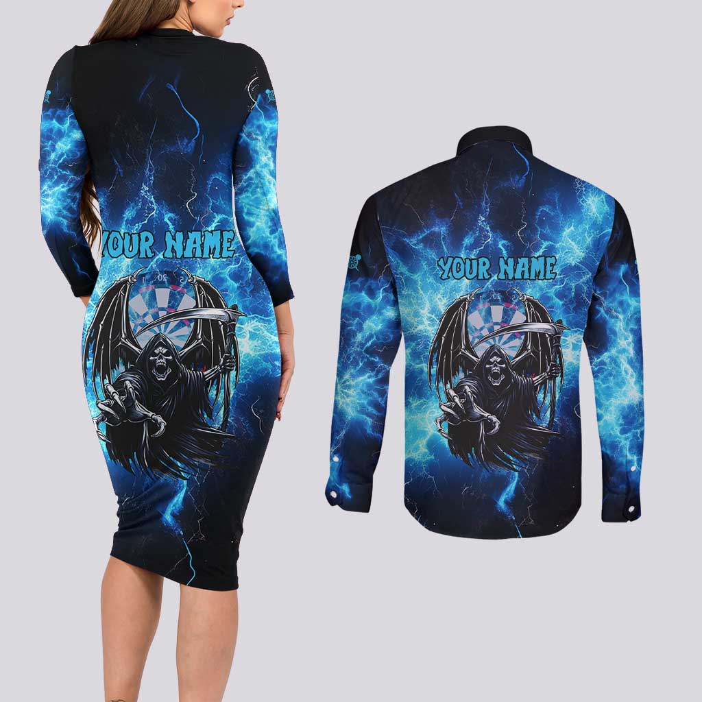 Custom Grim Reaper Bowling Couples Matching Long Sleeve Bodycon Dress and Long Sleeve Button Shirt with Blue Lightning Background - Wonder Print Shop