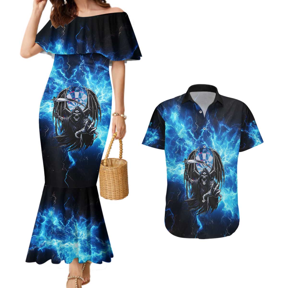Custom Grim Reaper Bowling Couples Matching Mermaid Dress and Hawaiian Shirt with Blue Lightning Background - Wonder Print Shop
