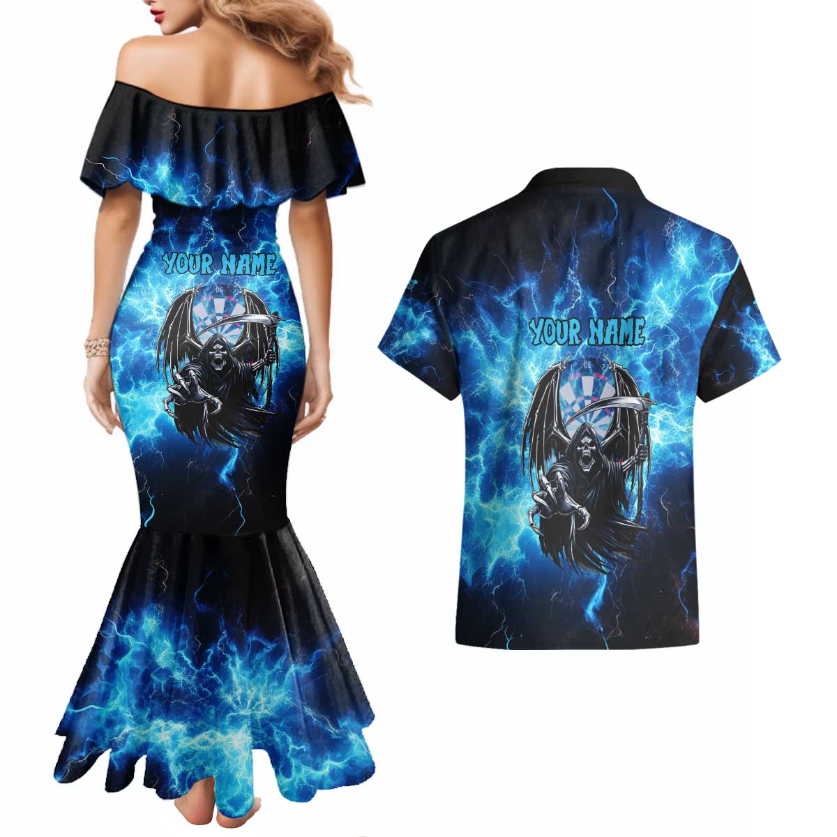 Custom Grim Reaper Bowling Couples Matching Mermaid Dress and Hawaiian Shirt with Blue Lightning Background - Wonder Print Shop