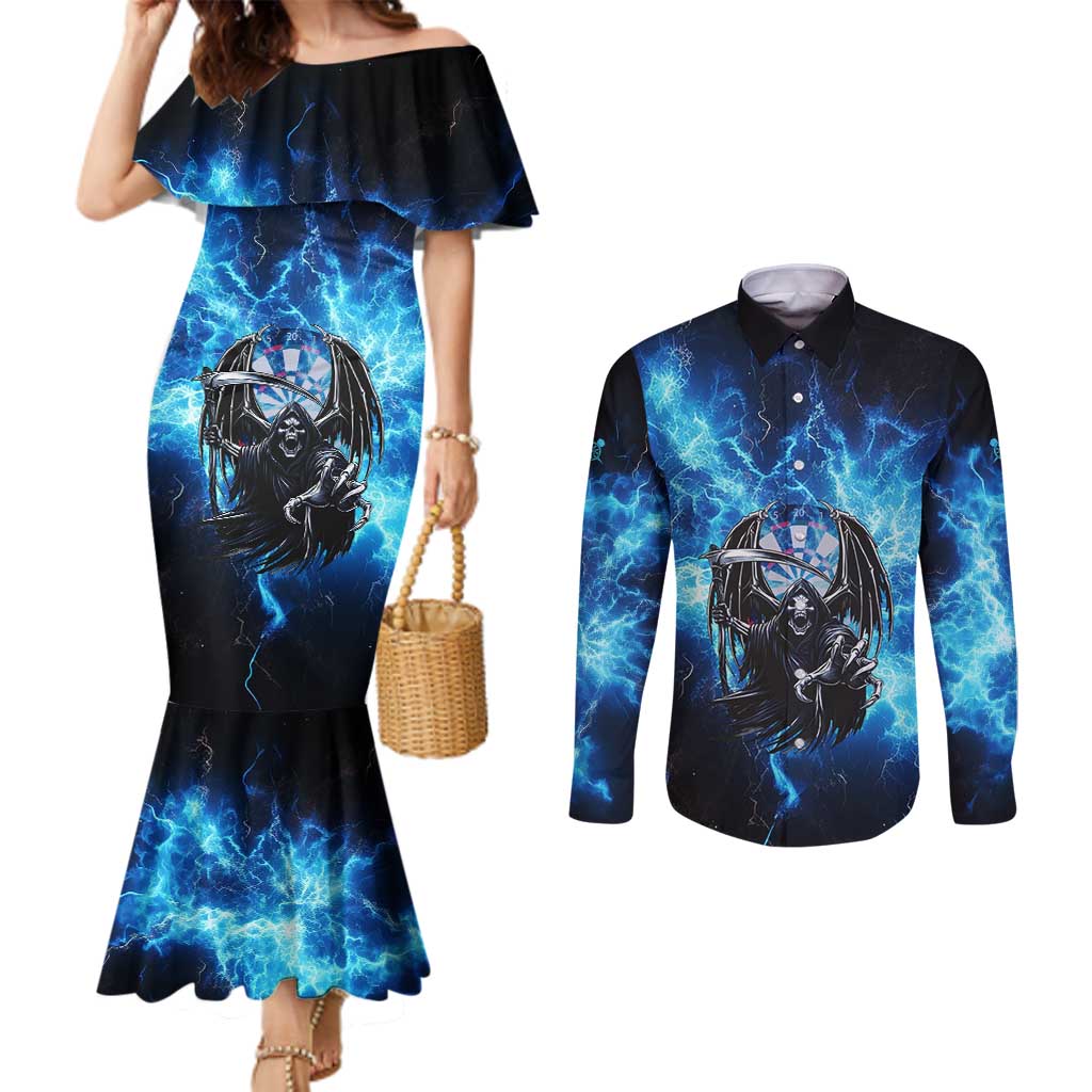 Custom Grim Reaper Bowling Couples Matching Mermaid Dress and Long Sleeve Button Shirt with Blue Lightning Background - Wonder Print Shop