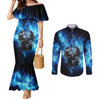 Custom Grim Reaper Bowling Couples Matching Mermaid Dress and Long Sleeve Button Shirt with Blue Lightning Background - Wonder Print Shop