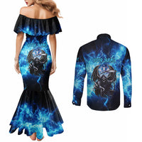 Custom Grim Reaper Bowling Couples Matching Mermaid Dress and Long Sleeve Button Shirt with Blue Lightning Background - Wonder Print Shop