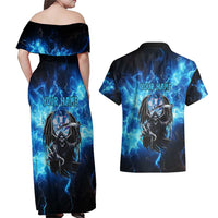 Custom Grim Reaper Bowling Couples Matching Off Shoulder Maxi Dress and Hawaiian Shirt with Blue Lightning Background - Wonder Print Shop