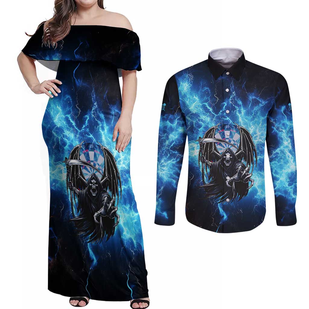 Custom Grim Reaper Bowling Couples Matching Off Shoulder Maxi Dress and Long Sleeve Button Shirt with Blue Lightning Background - Wonder Print Shop