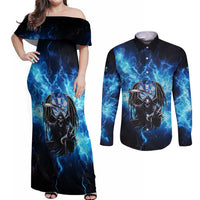 Custom Grim Reaper Bowling Couples Matching Off Shoulder Maxi Dress and Long Sleeve Button Shirt with Blue Lightning Background - Wonder Print Shop