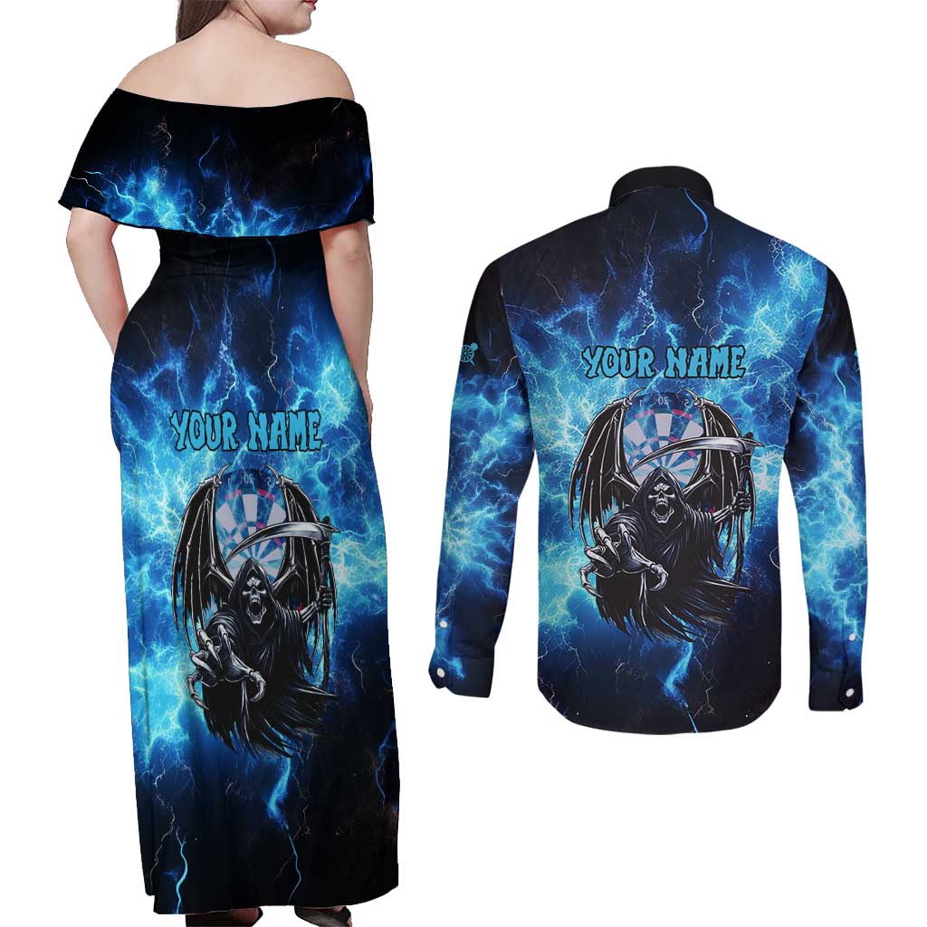 Custom Grim Reaper Bowling Couples Matching Off Shoulder Maxi Dress and Long Sleeve Button Shirt with Blue Lightning Background - Wonder Print Shop