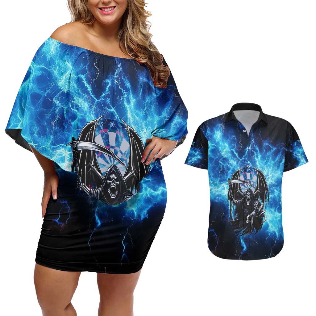 Custom Grim Reaper Bowling Couples Matching Off Shoulder Short Dress and Hawaiian Shirt with Blue Lightning Background - Wonder Print Shop