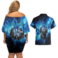 Custom Grim Reaper Bowling Couples Matching Off Shoulder Short Dress and Hawaiian Shirt with Blue Lightning Background - Wonder Print Shop