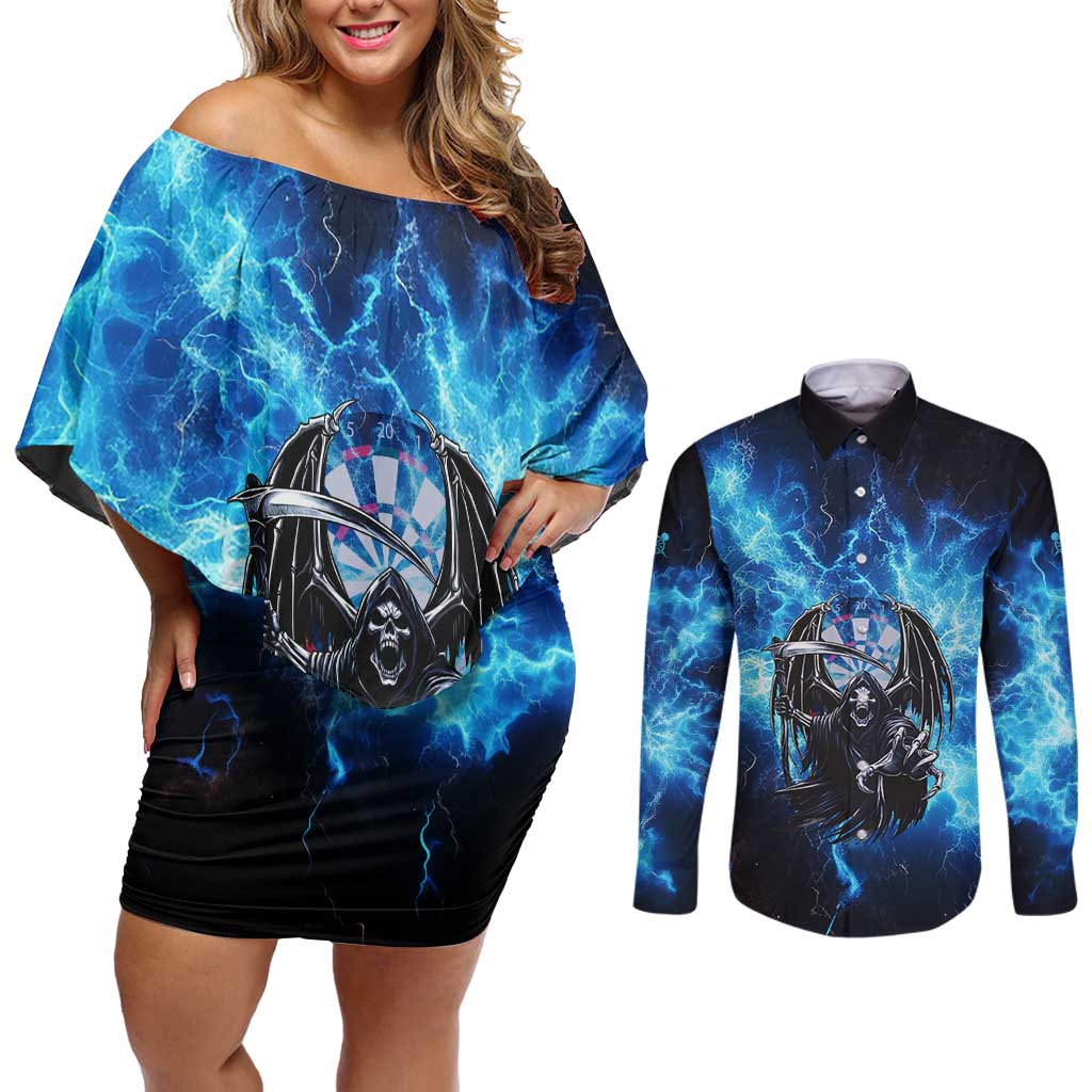 Custom Grim Reaper Bowling Couples Matching Off Shoulder Short Dress and Long Sleeve Button Shirt with Blue Lightning Background - Wonder Print Shop