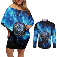 Custom Grim Reaper Bowling Couples Matching Off Shoulder Short Dress and Long Sleeve Button Shirt with Blue Lightning Background - Wonder Print Shop
