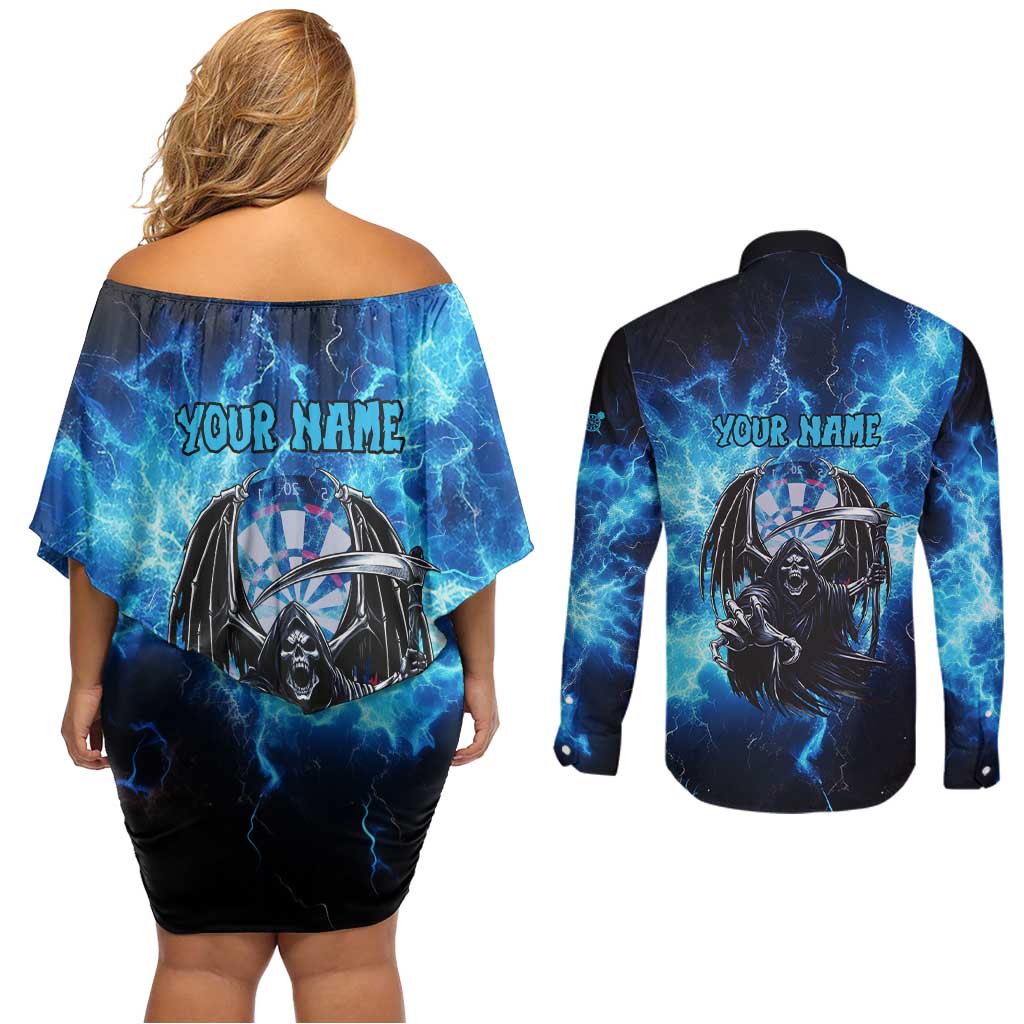 Custom Grim Reaper Bowling Couples Matching Off Shoulder Short Dress and Long Sleeve Button Shirt with Blue Lightning Background - Wonder Print Shop
