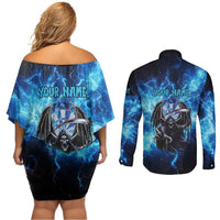 Custom Grim Reaper Bowling Couples Matching Off Shoulder Short Dress and Long Sleeve Button Shirt with Blue Lightning Background - Wonder Print Shop