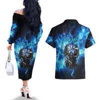 Custom Grim Reaper Bowling Couples Matching Off The Shoulder Long Sleeve Dress and Hawaiian Shirt with Blue Lightning Background - Wonder Print Shop