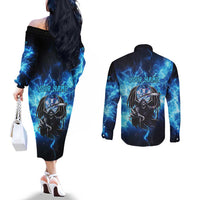 Custom Grim Reaper Bowling Couples Matching Off The Shoulder Long Sleeve Dress and Long Sleeve Button Shirt with Blue Lightning Background - Wonder Print Shop