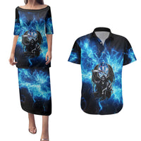 Custom Grim Reaper Bowling Couples Matching Puletasi and Hawaiian Shirt with Blue Lightning Background - Wonder Print Shop