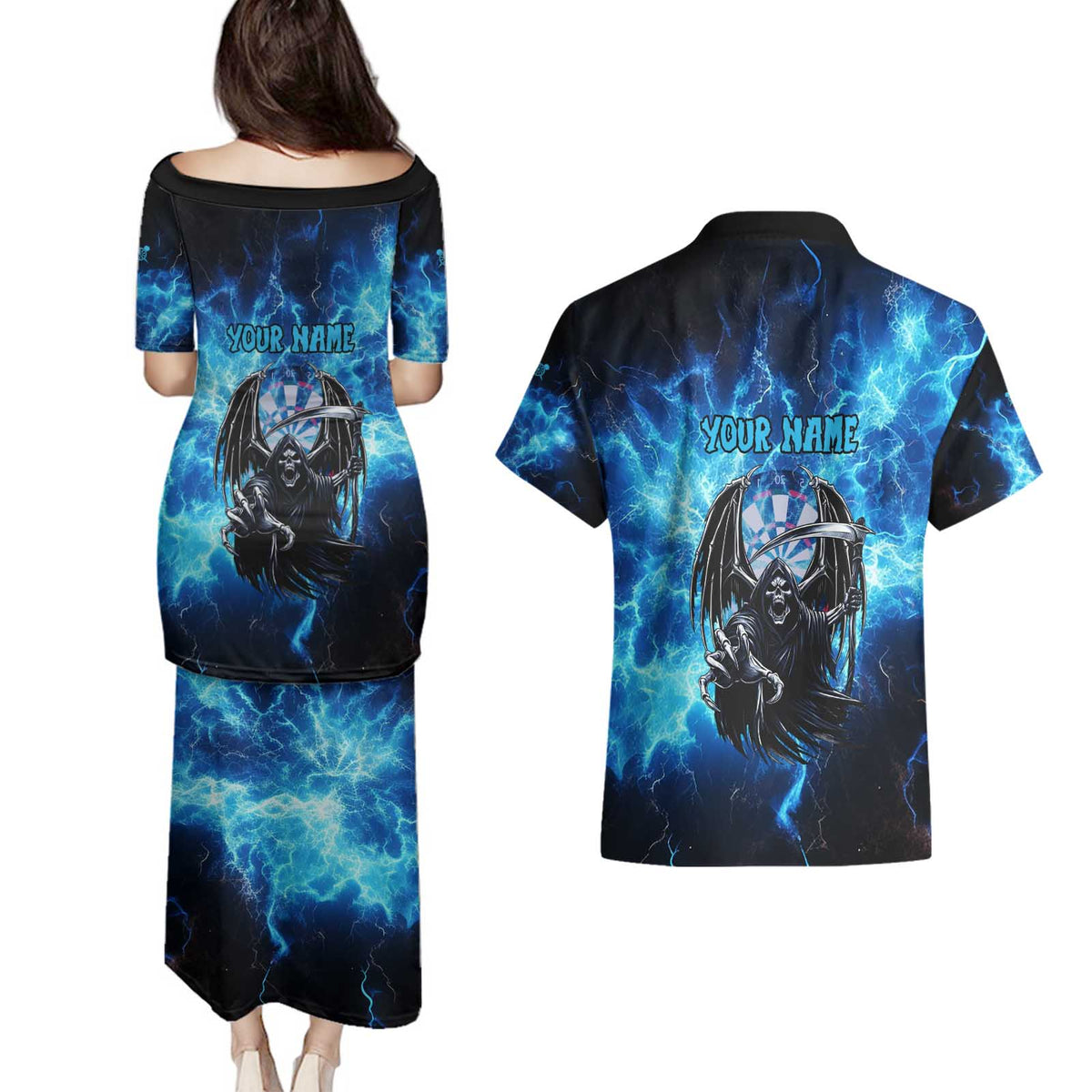 Custom Grim Reaper Bowling Couples Matching Puletasi and Hawaiian Shirt with Blue Lightning Background - Wonder Print Shop