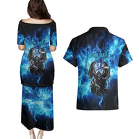 Custom Grim Reaper Bowling Couples Matching Puletasi and Hawaiian Shirt with Blue Lightning Background - Wonder Print Shop