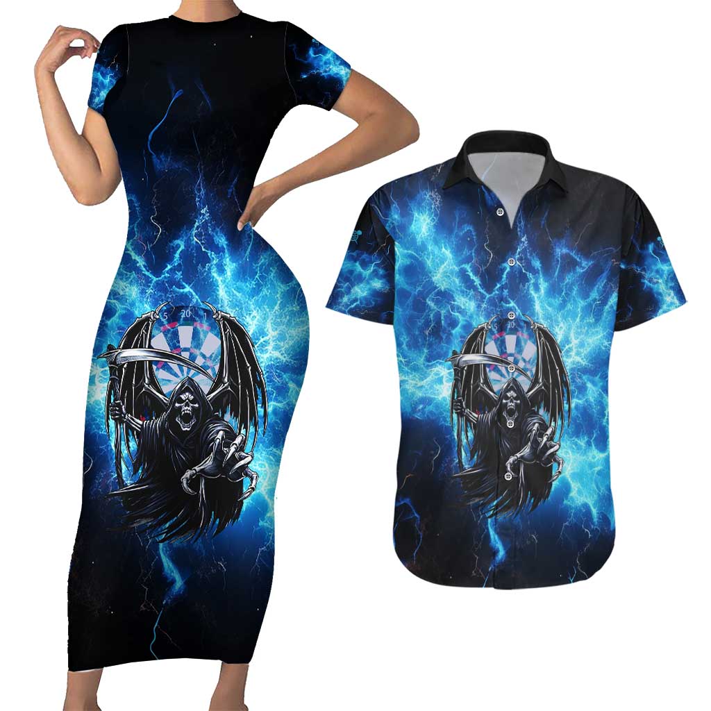 Custom Grim Reaper Bowling Couples Matching Short Sleeve Bodycon Dress and Hawaiian Shirt with Blue Lightning Background - Wonder Print Shop