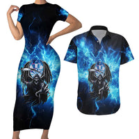 Custom Grim Reaper Bowling Couples Matching Short Sleeve Bodycon Dress and Hawaiian Shirt with Blue Lightning Background - Wonder Print Shop