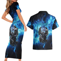 Custom Grim Reaper Bowling Couples Matching Short Sleeve Bodycon Dress and Hawaiian Shirt with Blue Lightning Background - Wonder Print Shop