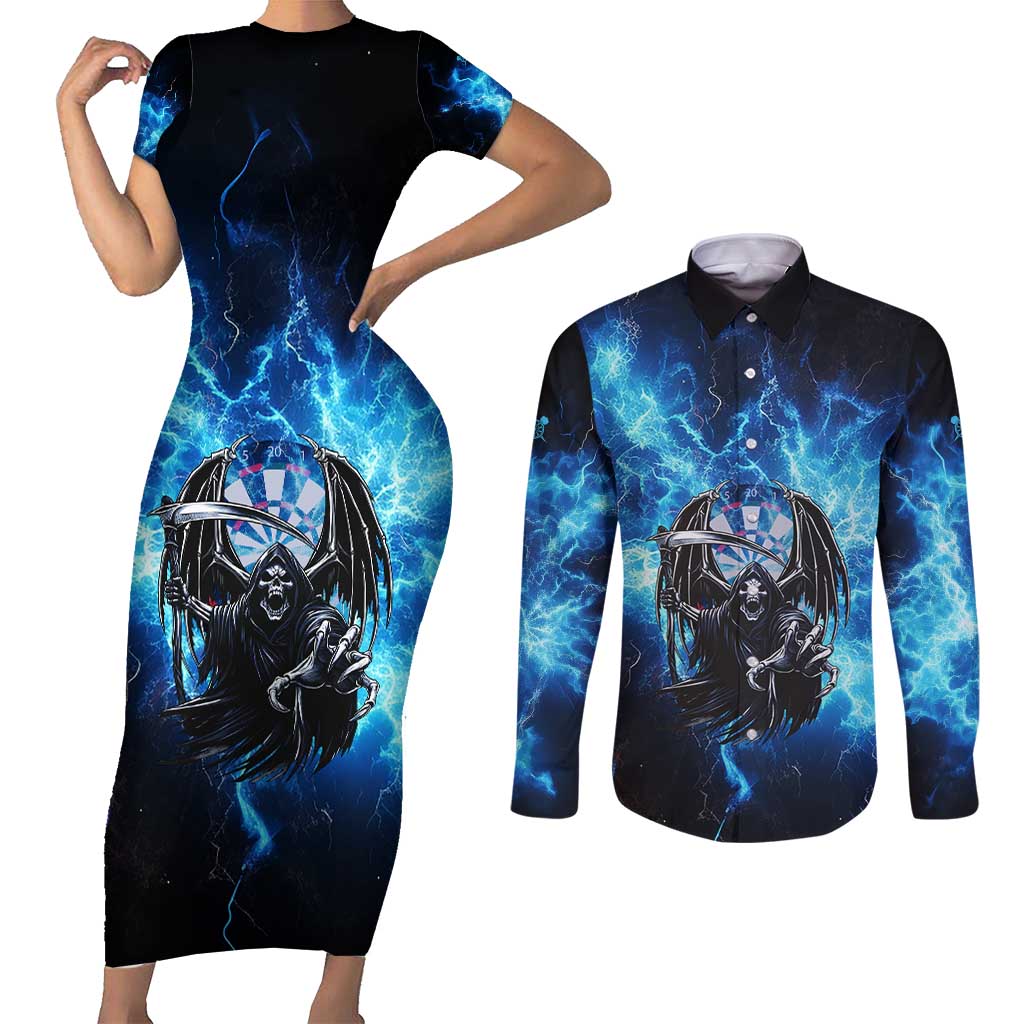 Custom Grim Reaper Bowling Couples Matching Short Sleeve Bodycon Dress and Long Sleeve Button Shirt with Blue Lightning Background - Wonder Print Shop
