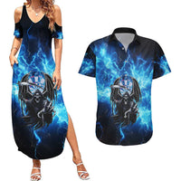 Custom Grim Reaper Bowling Couples Matching Summer Maxi Dress and Hawaiian Shirt with Blue Lightning Background - Wonder Print Shop