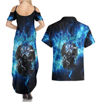 Custom Grim Reaper Bowling Couples Matching Summer Maxi Dress and Hawaiian Shirt with Blue Lightning Background - Wonder Print Shop