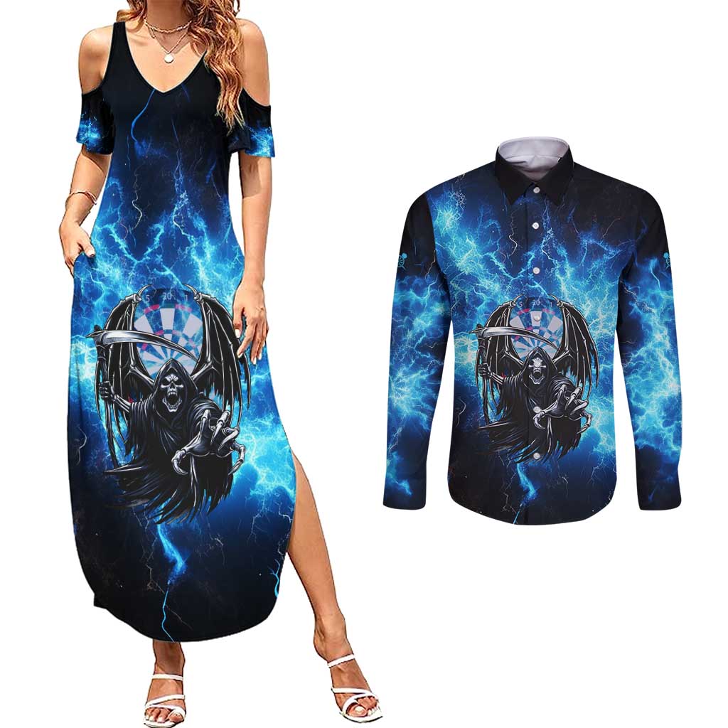 Custom Grim Reaper Bowling Couples Matching Summer Maxi Dress and Long Sleeve Button Shirt with Blue Lightning Background - Wonder Print Shop