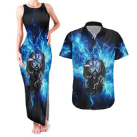 Custom Grim Reaper Bowling Couples Matching Tank Maxi Dress and Hawaiian Shirt with Blue Lightning Background - Wonder Print Shop