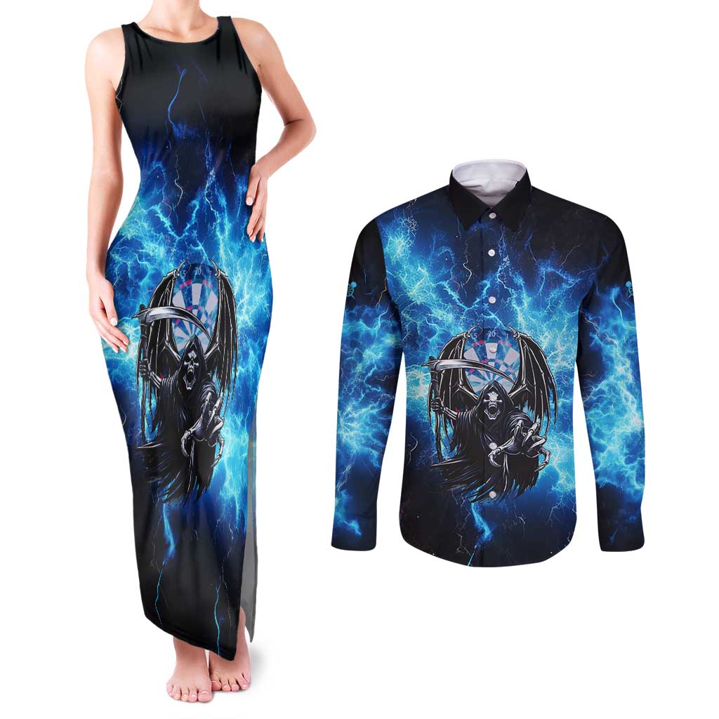Custom Grim Reaper Bowling Couples Matching Tank Maxi Dress and Long Sleeve Button Shirt with Blue Lightning Background - Wonder Print Shop