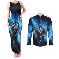 Custom Grim Reaper Bowling Couples Matching Tank Maxi Dress and Long Sleeve Button Shirt with Blue Lightning Background - Wonder Print Shop