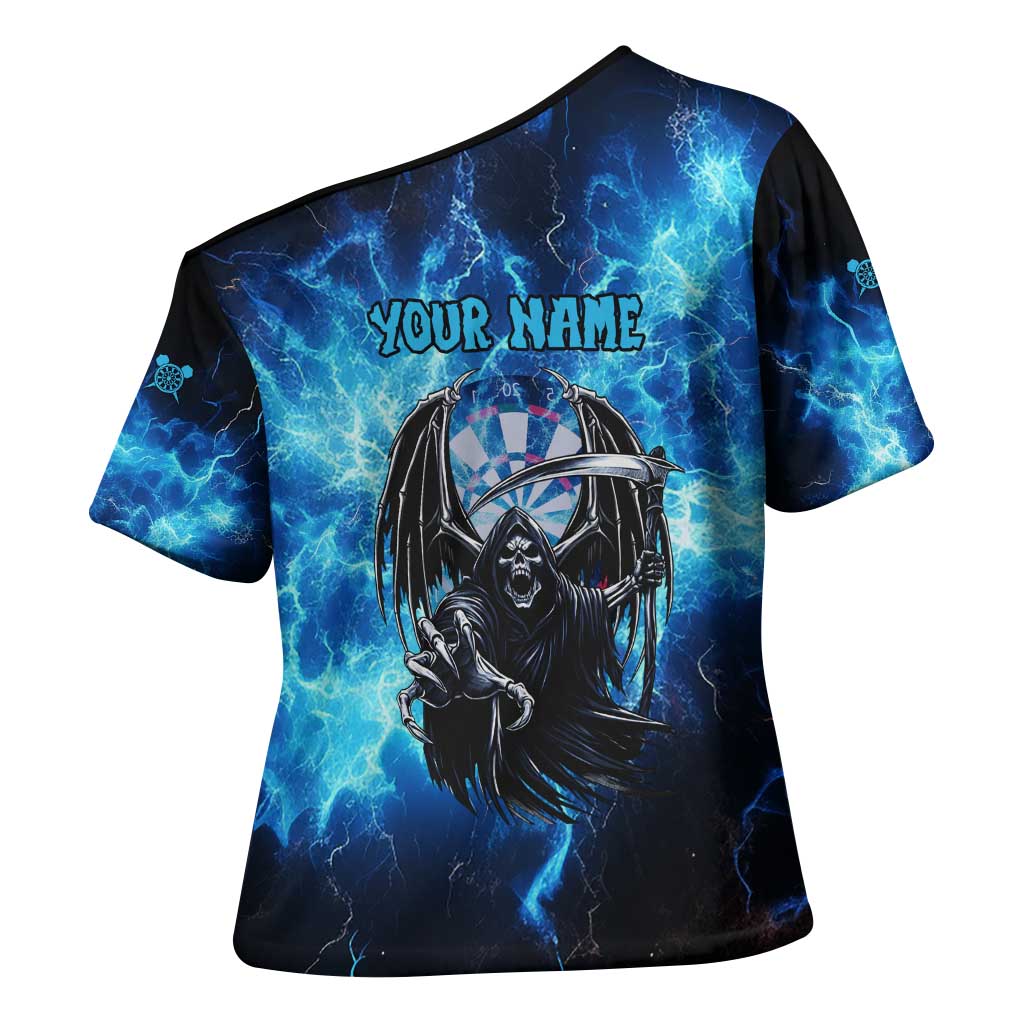 Custom Grim Reaper Bowling Cross Shoulder Shirt with Blue Lightning Background - Wonder Print Shop