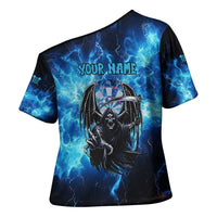 Custom Grim Reaper Bowling Cross Shoulder Shirt with Blue Lightning Background - Wonder Print Shop