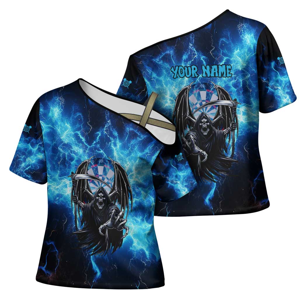 Custom Grim Reaper Bowling Cross Shoulder Shirt with Blue Lightning Background - Wonder Print Shop