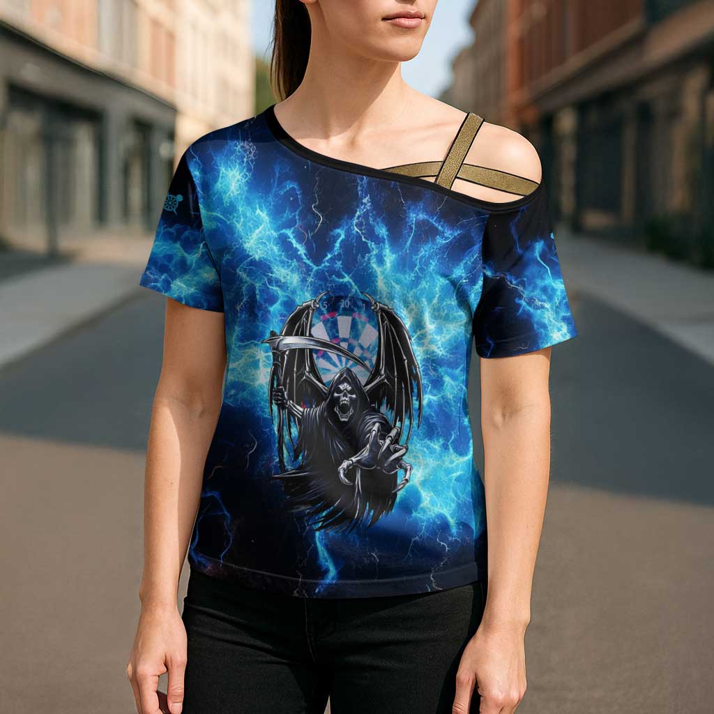 Custom Grim Reaper Bowling Cross Shoulder Shirt with Blue Lightning Background - Wonder Print Shop