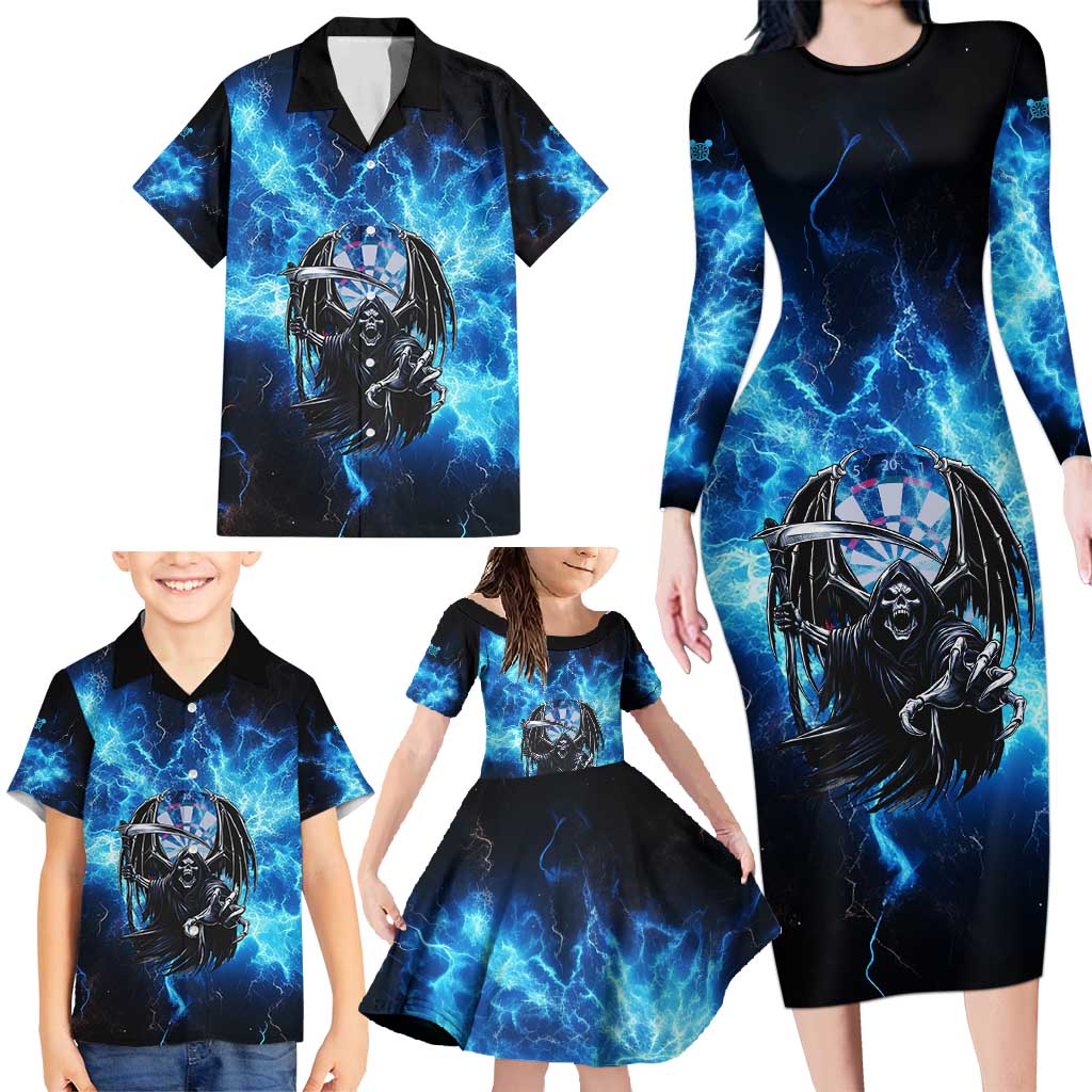 Custom Grim Reaper Bowling Family Matching Long Sleeve Bodycon Dress and Hawaiian Shirt with Blue Lightning Background - Wonder Print Shop