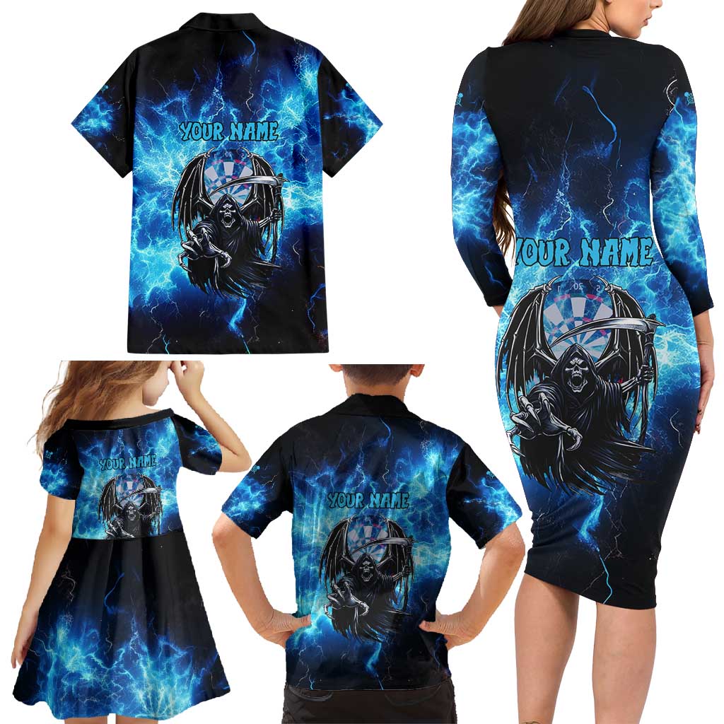 Custom Grim Reaper Bowling Family Matching Long Sleeve Bodycon Dress and Hawaiian Shirt with Blue Lightning Background - Wonder Print Shop