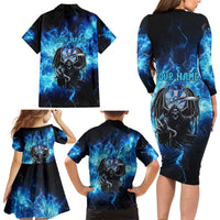 Custom Grim Reaper Bowling Family Matching Long Sleeve Bodycon Dress and Hawaiian Shirt with Blue Lightning Background - Wonder Print Shop