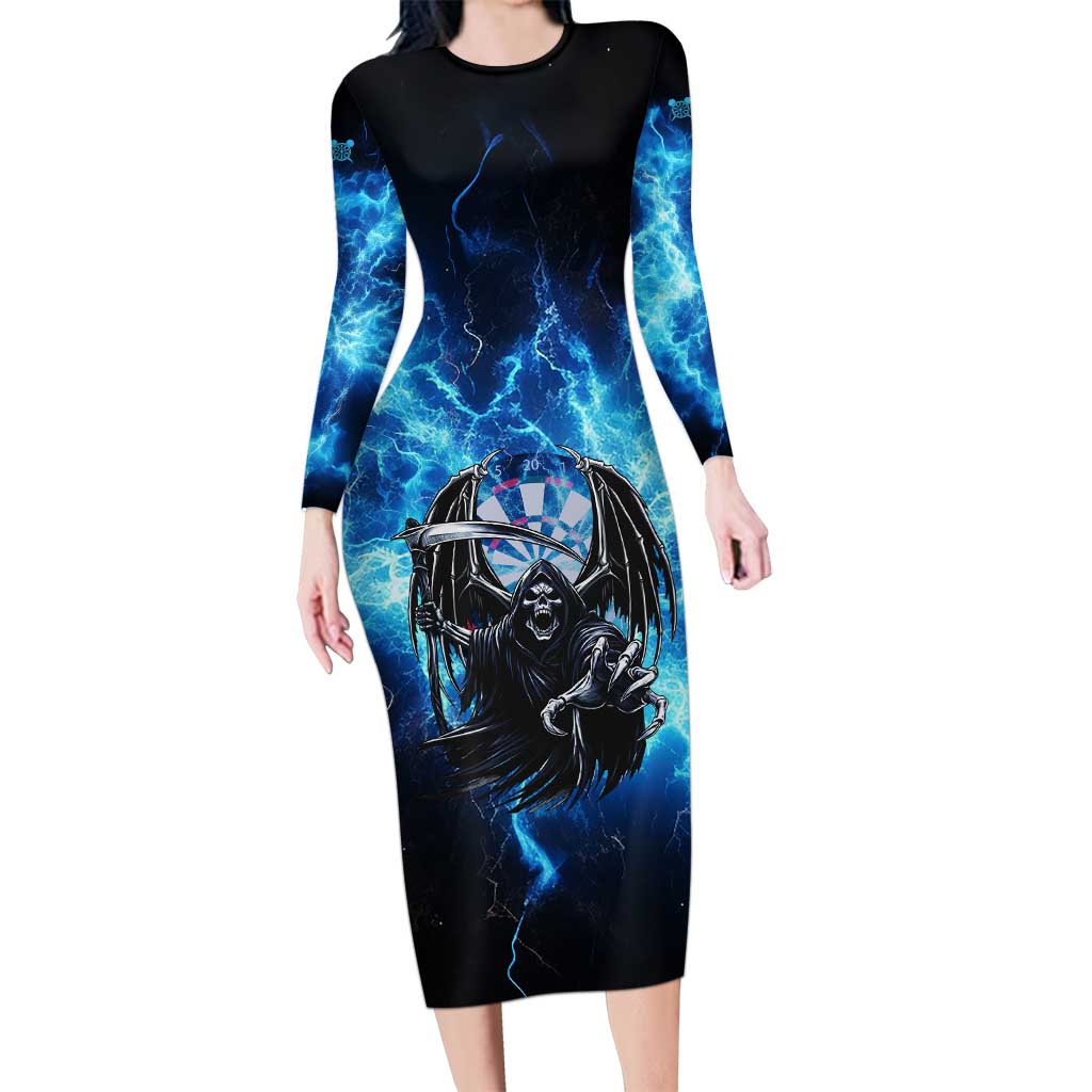 Custom Grim Reaper Bowling Family Matching Long Sleeve Bodycon Dress and Hawaiian Shirt with Blue Lightning Background - Wonder Print Shop