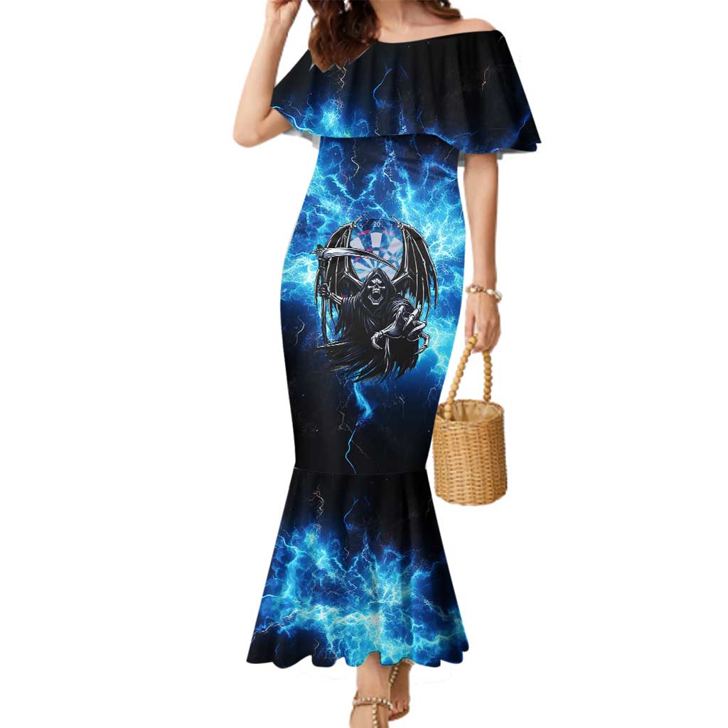 Custom Grim Reaper Bowling Family Matching Mermaid Dress and Hawaiian Shirt with Blue Lightning Background - Wonder Print Shop