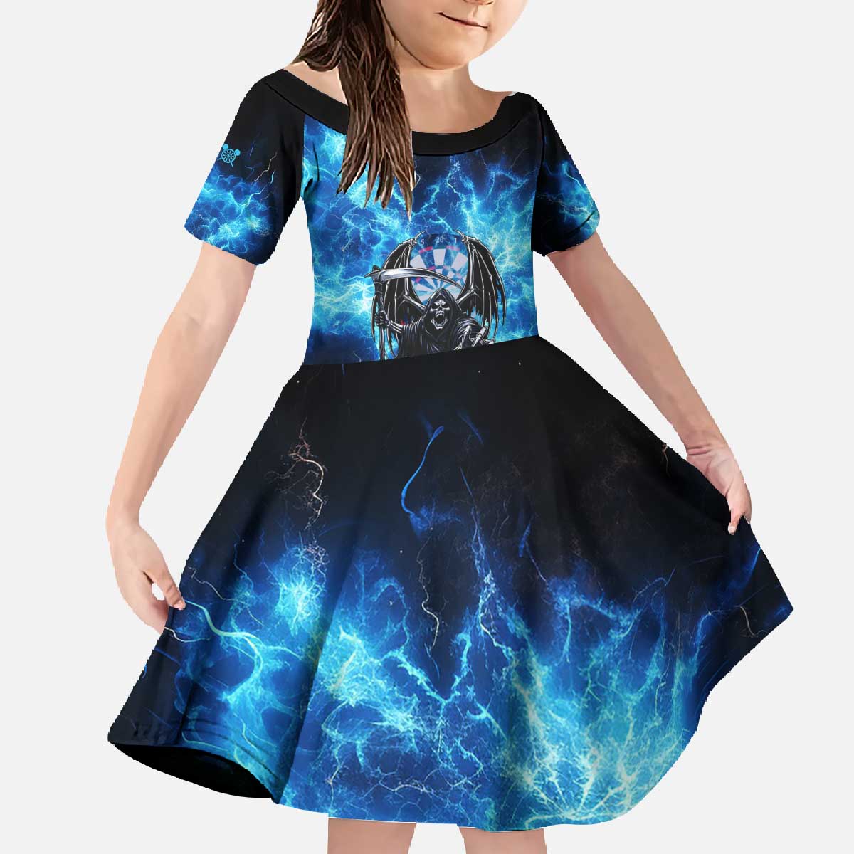 Custom Grim Reaper Bowling Family Matching Off The Shoulder Long Sleeve Dress and Hawaiian Shirt with Blue Lightning Background - Wonder Print Shop