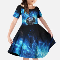 Custom Grim Reaper Bowling Family Matching Off The Shoulder Long Sleeve Dress and Hawaiian Shirt with Blue Lightning Background - Wonder Print Shop