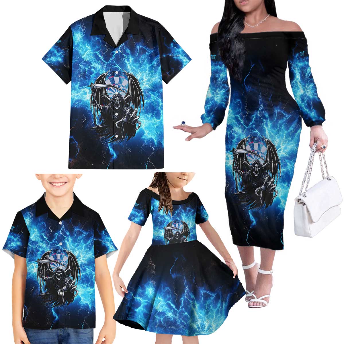 Custom Grim Reaper Bowling Family Matching Off The Shoulder Long Sleeve Dress and Hawaiian Shirt with Blue Lightning Background - Wonder Print Shop