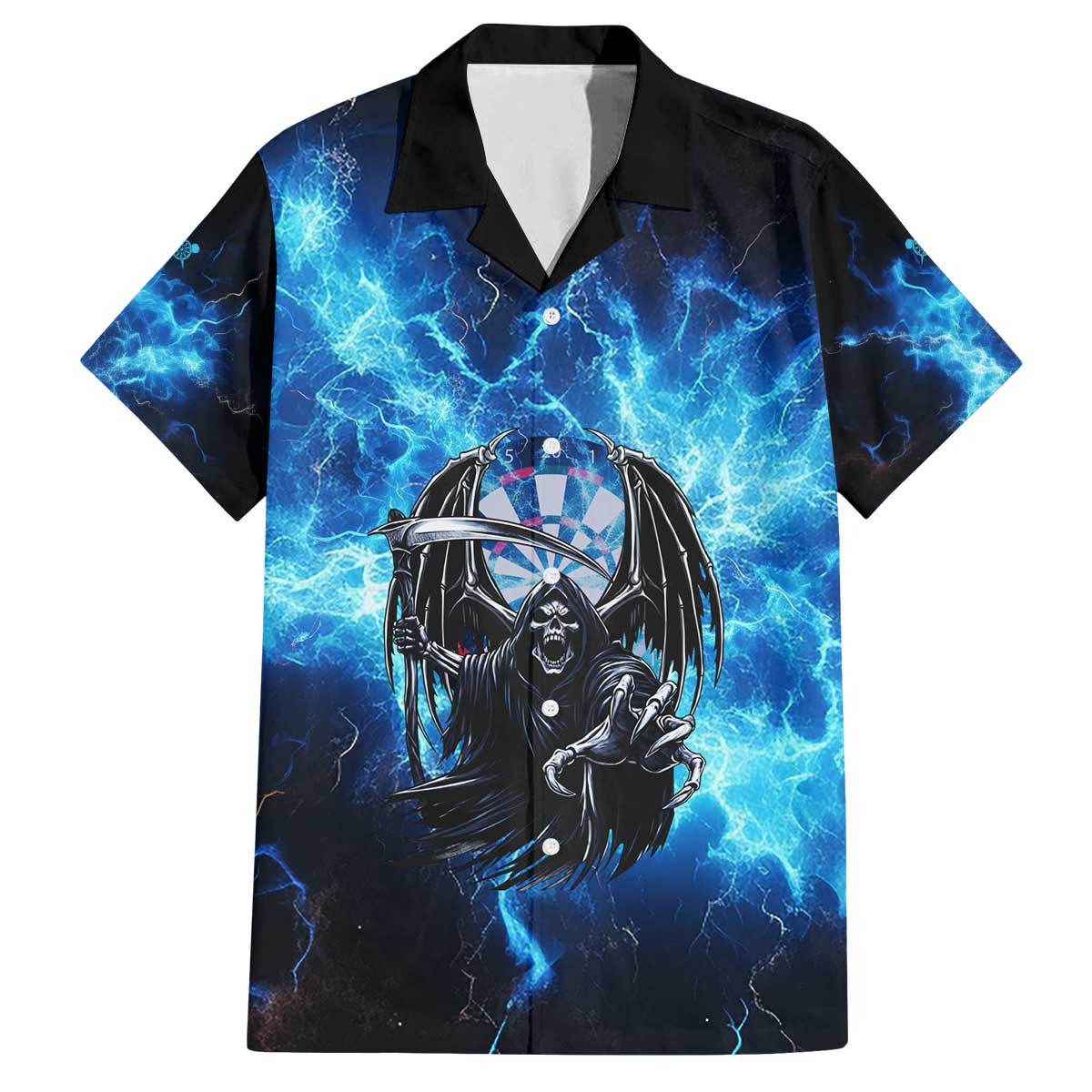 Custom Grim Reaper Bowling Family Matching Off The Shoulder Long Sleeve Dress and Hawaiian Shirt with Blue Lightning Background - Wonder Print Shop