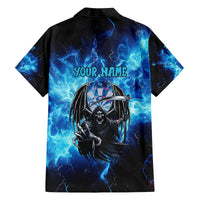 Custom Grim Reaper Bowling Family Matching Off The Shoulder Long Sleeve Dress and Hawaiian Shirt with Blue Lightning Background - Wonder Print Shop
