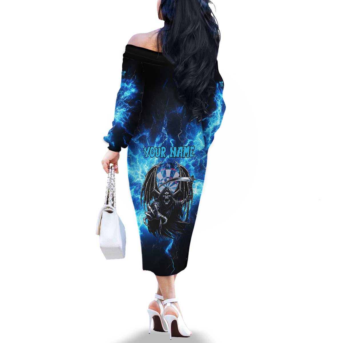Custom Grim Reaper Bowling Family Matching Off The Shoulder Long Sleeve Dress and Hawaiian Shirt with Blue Lightning Background - Wonder Print Shop